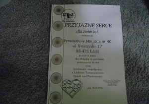 Dyplom od Łódzkiego Towarzystwa Opieki nad Zwierzętami.