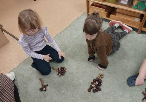 Dzieci segregują i liczą kasztany.