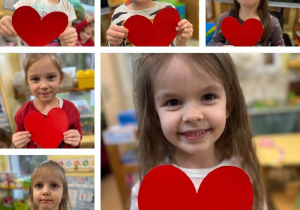 Dzieci trzymają czerwone, walentynkowe serca.