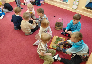 Dzieci oglądają jesienne liście i kasztany.